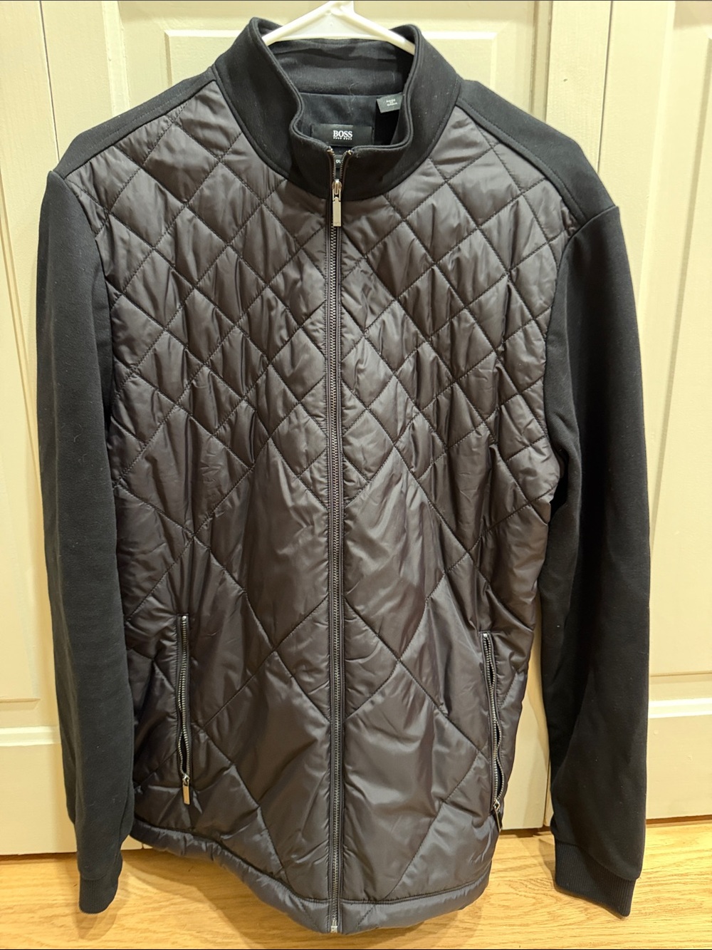 BOSS Black Quilted-Front Lightweight Jacket with Knit Sleeves
